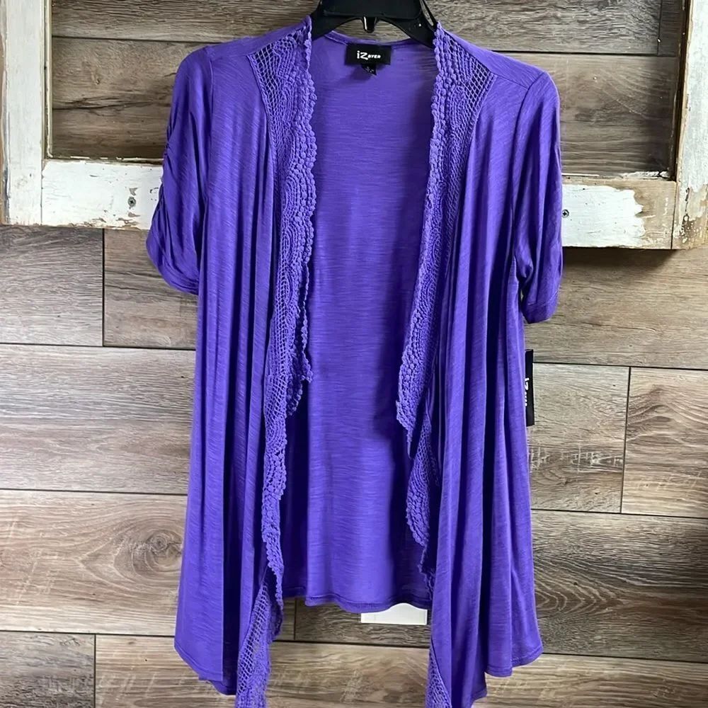 IZ Byer Ladies Cardigan,Size Small,Purple with Crocheted Trim, NWT New with Tags